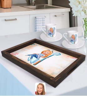 BK Gift Kişiye Özel Kadın Diş Hekimi Karikatürlü Doğal Ahşap Tepsi ve 2’li Kahve Fincan Seti-2
