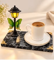 Sokak Lambalı Siyah Kaideli Premium Porselen Kahve Fincanı Işıklı Dekoratif Hediye