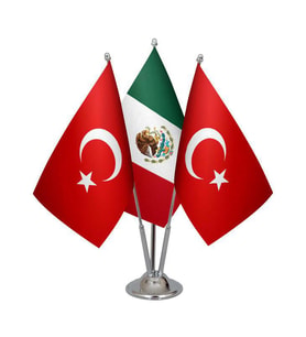Masa Üstü Meksika Bayrağı Türk Bayrağı Üçlü Krom Direk Masa Bayrak Seti
