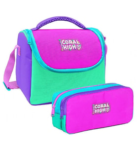 Coral High Kız Çocuk Pembe Yeşil Çok Renkli Thermo Beslenme Çantası ve İki Bölmeli Kalemlik Seti