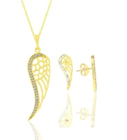 Gümüş  altın yaldızlı zirkon taşlı kanat kolye ve küpe seti SGTL11411GOLD