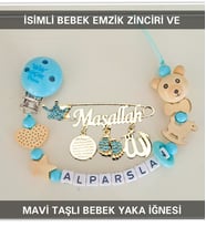 Sahi Aksesuar İsimli Bebek Emzik Zinciri ve Mavi Taşlı Bebek Yaka İğnesi BEZYI008
