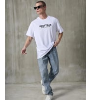 pilelistore- Unisex Bisiklet Yaka Baskılı Oversize T-Shirt - Beyaz