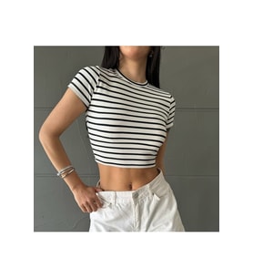Çizgili Crop Rahat Kumaş
