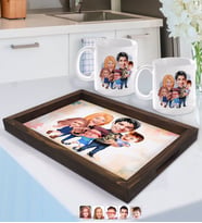 BK Gift Kişiye Özel Aile Karikatürlü Doğal Ahşap Tepsi ve 2’li Kupa Bardak Seti-6