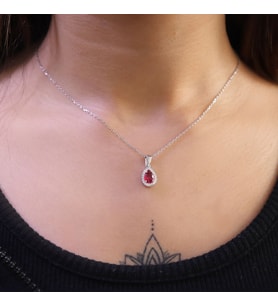 925 Ayar Gümüş Pembe Taşlı Damla Desen Kolye