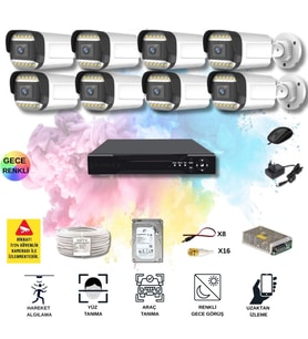 8 Kameralı Set - Yapay Zeka Özellikli Gece Renkli Gösteren 5MP SONY Lensli 12 Warm Ledli FULLHD Güvenlik Kamerası Seti 312W-108