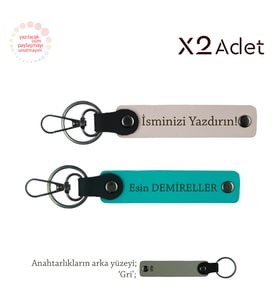 Öğrenciye Doğum Günü Sürprizi, İsimli & Soyisimli 2’li Anahtarlık Hediye, Pudra-Koyu Turkuaz-Gri