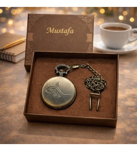 Kişiye Özel İsim Yazılı Kartal Figürlü Osmanlı Tuğralı Saat Kutulu Premium Hediye (Gold)