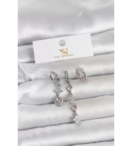 Pirinç Gümüş Renk Pembe Zirkon Taşlı 3'lü Kadın Küpe - TJ-BKP11706