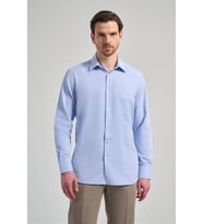 Uzun Kol Desenli Armürlü Sert Yaka cepli Pamuklu Classic Comfort Fit Gömlek 1004250171 (Mavi)