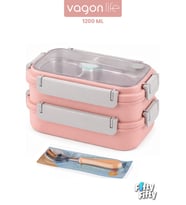 1200 ML İki Kat Üç Bölme Paslanmaz Çelik Bento Lunch Box Yeni Nesil Sefer Tası Çelik Kaşıklı -22FF15 (Pembe)