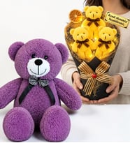 Kişiye Özel Led Işıklı Tasarım Peluş Ayıcık Buketi ve 50 cm Büyük Boy Mor Peluş Ayıcık Seti