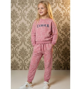 Breeze Kız Çocuk Eşofman Takımı Fiyonk Desenli Bağcık Aksesuarlı 4-8 Yaş, Pembe
