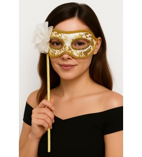 Lüks Taşlı Saplı Maskeli Balo Maskesi Beyaz Renk 35 cm (4767)