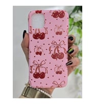 Iphone 11 Uyumlu Kurdele Kiraz ve Minik Kalpler Desenli Pembe Silikon Telefon Kılıfı