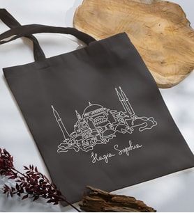 BK Gift Ayasofya Camii Tasarımlı Antrasit Kumaş Bez Çanta, Baskılı Omuz Çantası, Alışveriş Çantası, Anneye Hediye-1