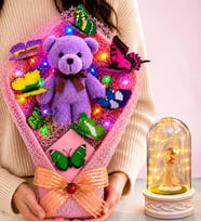 Renkli LED Işıklı Büyük Boy Peluş Ayıcık Buketi ve LED Işıklı Şans Melekli Fanus Sevgiliye Kadına Hediye