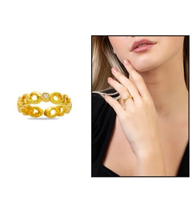 Zirkon Taşlı Zincir Tasarım Gold Renk Free Size 925 Ayar Gümüş Kadın Tektaş Yüzük