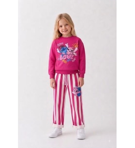 Love Baskılı Eşofman Çizgili Detaylı Kız Çocuk Sweatshirt & Eşofman Alt Üst Takım - Fuşya
