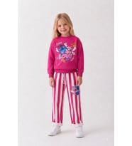 Love Baskılı Eşofman Çizgili Detaylı Kız Çocuk Sweatshirt & Eşofman Alt Üst Takım - Fuşya