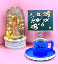Led Işıklı Tasarım Fanus ve Mavi Renkli Kahve Fincanı  Kişiye Özel Hediye Seti  İsimli Fincan (Model 2)