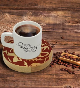 BK Gift Kişiye Özel Retro Motif Tasarımlı Doğal Ahşap Tabaklı Türk Kahvesi Fincanı Model 2