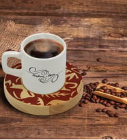 BK Gift Kişiye Özel Retro Motif Tasarımlı Doğal Ahşap Tabaklı Türk Kahvesi Fincanı Model 2