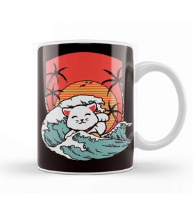 Cat Surfer Palm Tree Vacation Island Ocean Summer Hawaii Kupa Bardak Porselen