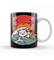 Cat Surfer Palm Tree Vacation Island Ocean Summer Hawaii Kupa Bardak Porselen