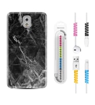 Samsung Note 3 4 5 8 9 20 Ultra 10 Lite Kılıf Kablo Koruma Spiral Silikon Kara Mermer 1375