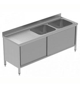 Electrolux Professional Dolaplı Evyeli Tezgah, 2 Evyeli (600x500 Mm), Sol Damlalıklı, 2 Kayar Kapılı - 2100 Mm, Plus GLG2126SXP