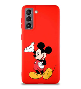 Samsung Galaxy S21 Soft Premier Kapak Mickey Mouse-C Tasarımlı Silikon Kılıf - Kırmızı (Şeffaf)