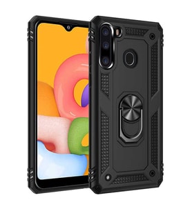 Samsung Galaxy A21 Uyumlu Kılıf Standlı Manyetik Yüzüklü Military Magnetic Ring Polycarbonate and TPU Case (Siyah)