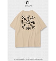 Unisex Kadın Erkek Viking Pusula Vegvisir Baskılı Özel Tasarım Oversize T-shirt (Bej)