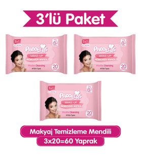 Paddlers 3’ü 1 Arada Makyaj Temizleme Mendili – Yüz, Göz & Dudak İçin, 60 Yaprak (3 Paket x 20’li)