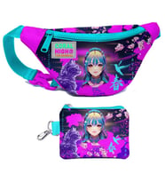 Coral High Kız Çocuk Mor Pembe Anime Kedi Desenli Bel Çantası ve Bozuk Para Cüzdanı Set