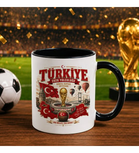 BK Gift Türkiye Taraftar Temalı Dünya Futbol Kupası Tasarımlı Siyah Kupa Bardak-1 Tek Yürek Milli Takım Ruhu