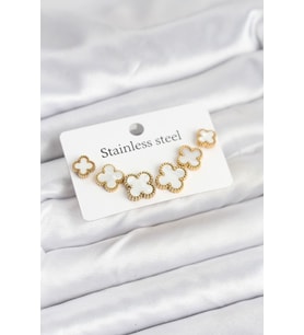 316L Çelik Gold Beyaz Renk 3 Boy Yonca Küpe Seti TJ-BKP11237