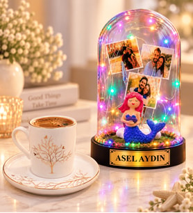 Kişiye Özel 3 Fotoğraflı Yazılı Renkli LED Işıklı Denizkızı Fanus ve Hayat Ağacı Kahve Fincanı