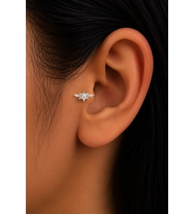 Sertifikalı 316L Çelik Markiz ve Yuvarlak Taşlı Yaprak Form Premium Gümüş Renk Helix Piercing