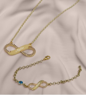 BK Gift Kişiye Özel Zirkon Taşlı Gold Sonsuzluk Kolye ve Bileklik Hediye Seti
