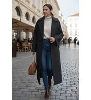 Kışlık Astarlı Balık Sırtı Detaylı Kadın Kaşmir Kaban (Füme)