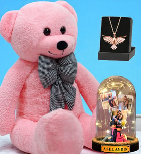 Büyük Boy Pembe Peluş Ayıcık, Kişiye Özel Led Işıklı Fanus ve Zümrüdü Anka Kuşu Kolye (Model 8)