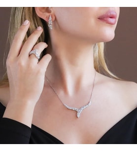 Krizet Yapraklı Zirkon Taşlı Gümüş Set