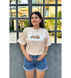 Taş Renk Best Baskı Ayıcık Desenli Unisex Oversize T-Shirt