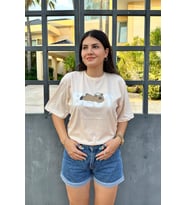 Taş Renk Best Baskı Ayıcık Desenli Unisex Oversize T-Shirt