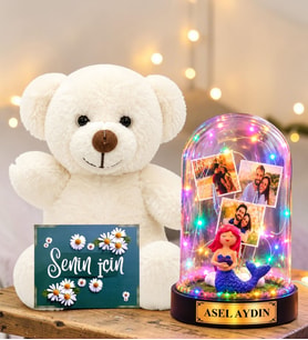 Kişiye Özel Yazılı 3 Fotoğraflı Renkli LED Işıklı Fanus(denizkızı) ve Beyaz Peluş Ayıcık Sevgiliye Hediye Kadına Hediye