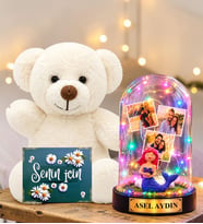 Kişiye Özel Yazılı 3 Fotoğraflı Renkli LED Işıklı Fanus(denizkızı) ve Beyaz Peluş Ayıcık Sevgiliye Hediye Kadına Hediye