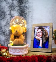 Size Özel Ahşap Fotoğraf Çerçevesi ve Led Işıklı Peluş Ayıcıklı Fanus Doğum Günü Hediyesi